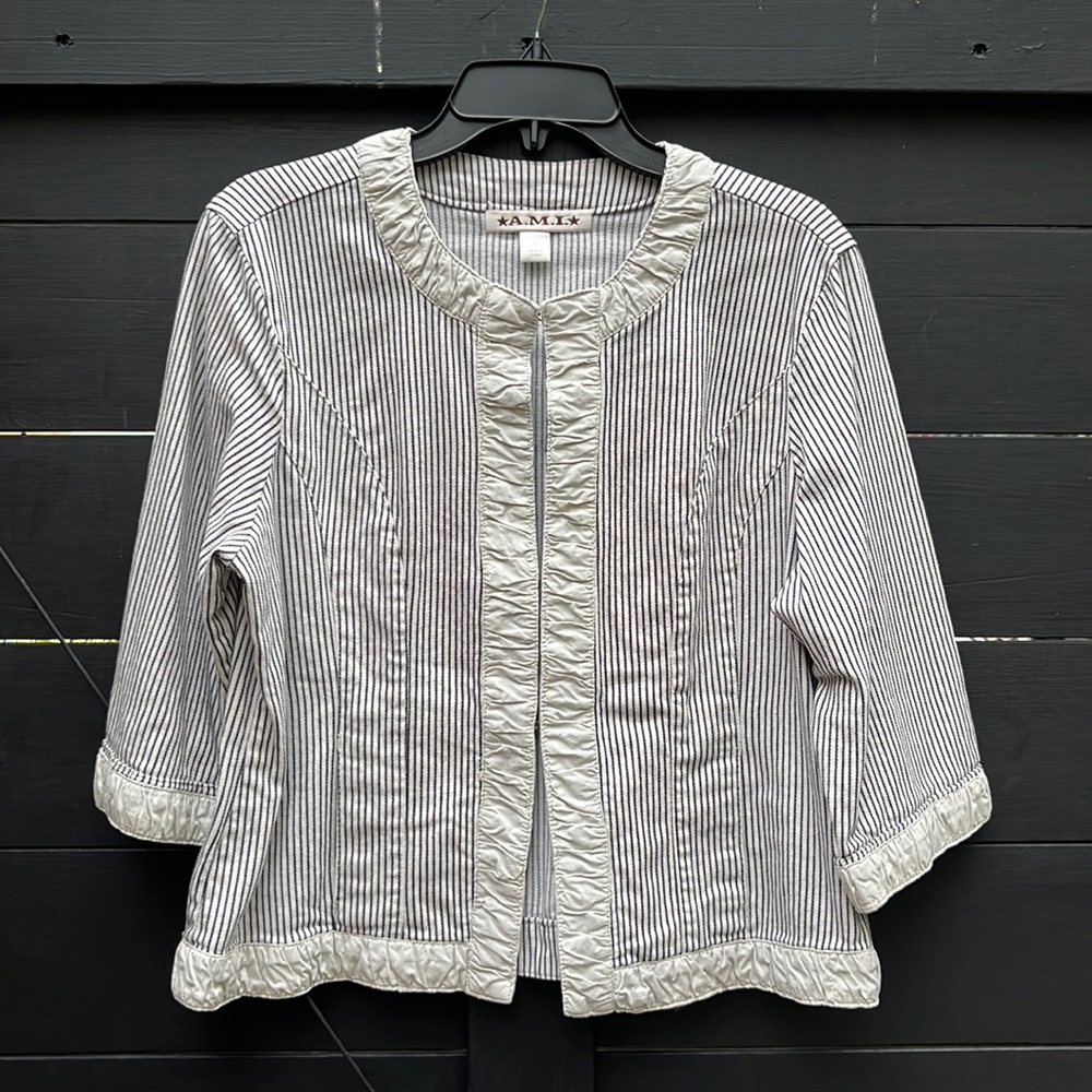 A.M.I. Striped Cotton Crop Jacket with Shirred Banding